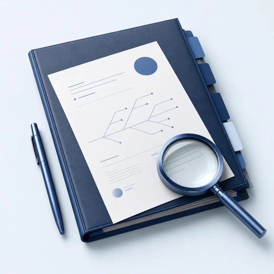 Conceptual illustration: a navy case folder with neatly arranged planning sheets, a magnifying lens and a blue pen on a pale blue surface